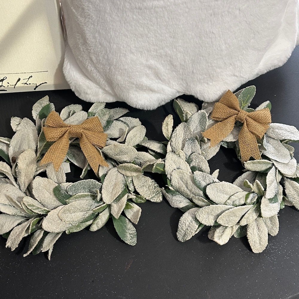 Christmas flocked lamb's ear wreath with a burlap bow candle decor